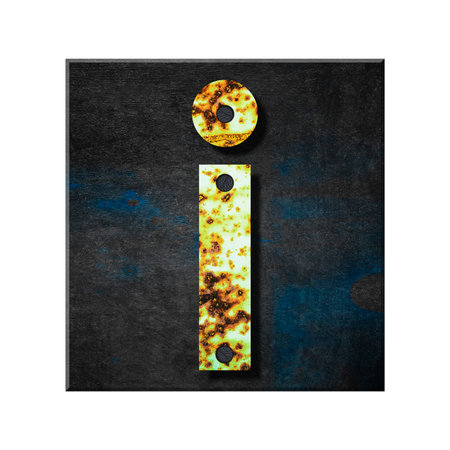 Letter i. Lower case. Alphabet from letters, from rusty iron, on a wooden plank. Isolated on white background. Education. Design element.の写真素材