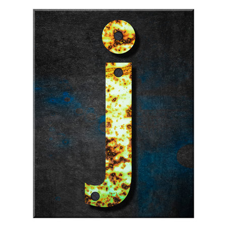 Letter j. Lower case. Alphabet from letters, from rusty iron, on a wooden plank. Isolated on white background. Education. Design element.の写真素材