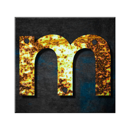 Letter m. Lower case. Alphabet from letters, from rusty iron, on a wooden plank. Isolated on white background. Education. Design element.の写真素材