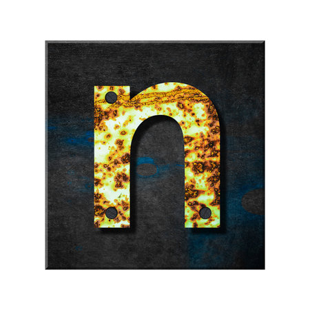 Letter n. Lower case. Alphabet from letters, from rusty iron, on a wooden plank. Isolated on white background. Education. Design element.の写真素材