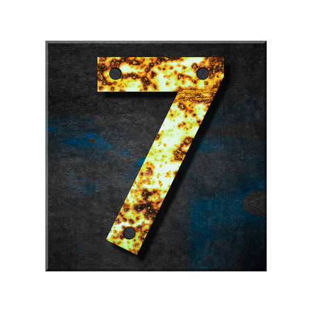 Digit 7. Alphabet from letters, from rusty iron, on a wooden plank. Isolated on white background. Education. Design element.の写真素材