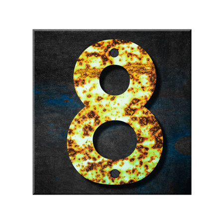 Digit 8. Alphabet from letters, from rusty iron, on a wooden plank. Isolated on white background....