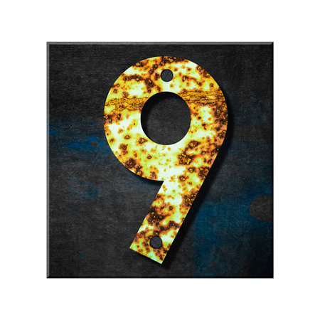 Digit 9. Alphabet from letters, from rusty iron, on a wooden plank. Isolated on white background. Education. Design element.の写真素材