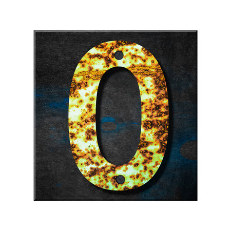 Digit 0. Alphabet from letters, from rusty iron, on a wooden plank. Isolated on white background. Education. Design element.の写真素材