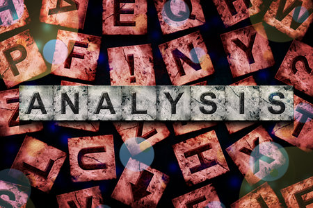 Analysis, word on an alphabet on stone blocks, on a red background, with different letters. Background.の写真素材