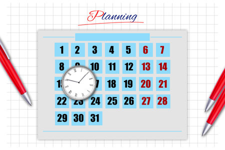 Planning concept. Calendar with the date marked by a clock. Business. Background.の写真素材