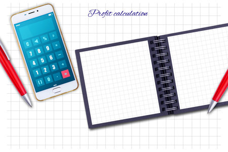 Profit calculation. Notepad and calculator on a smartphone. Copy space. Place for text. Business. Background.の写真素材