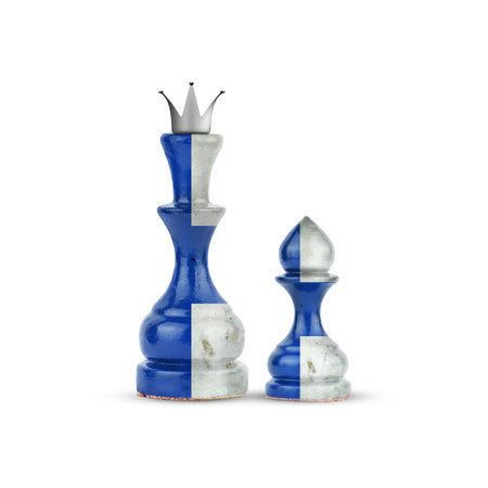 Chess Queen and pawn in the colors of the Finland Flag. Isolated on white background. Sport. Politics. Design object.の写真素材