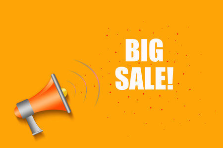 Big Sale. Words and a megaphone on a bright orange background. Trade. Sales. Business. Background.の写真素材