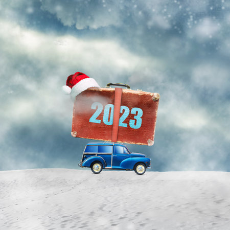 Car with a suitcase on the roof. 2023, number. Santa Claus hat.Against the background of a snowy...