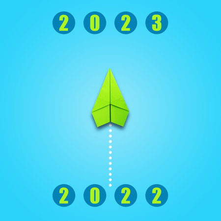 2022. 2023. Paper plane.Blue background. Christmas background. Advent New Year background Festive backgroundの写真素材