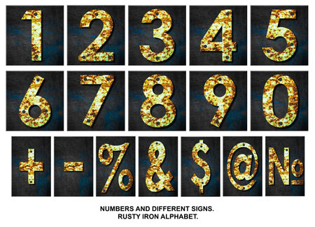 Set, numbers, and signs. Alphabet from digit, from rusty iron, on a wooden plank. Isolated on white background. Education. Design element.の写真素材