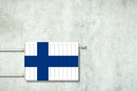 Heating battery, in the colors of the Finland flag on a concrete wall. Copy space. Raising heating prices. Heat saving. Energy crisis. Background.の写真素材