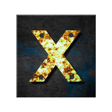 Letter x. Lower case. Alphabet from letters, from rusty iron, on a wooden plank. Isolated on white background. Education. Design element.の写真素材