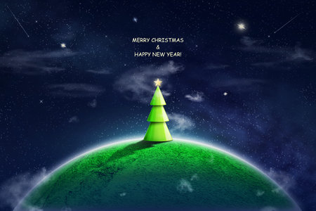 Christmas tree on the planet in the starry sky. New Year card. New Year's illustration. 3D illustration. Christmas background.の写真素材