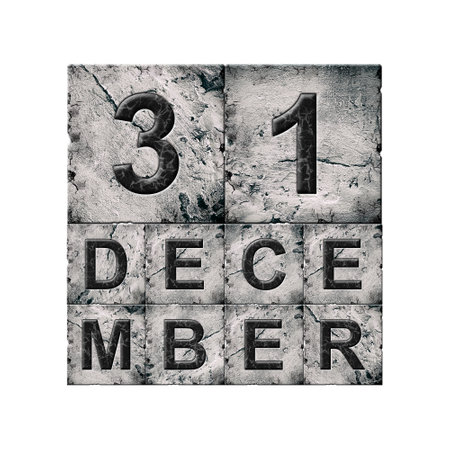 31 December, word on an alphabet on stone blocks, isolated on white background. New Year of the year concept. Background.の写真素材