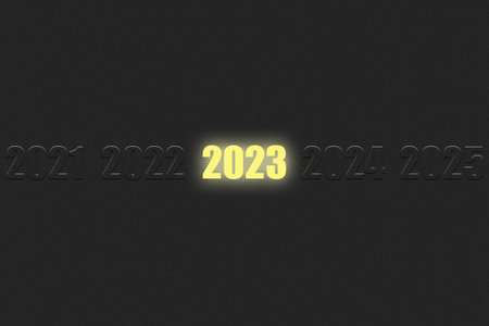 2023, bright, glowing numbers, on a black background. The concept of 2023, the New Year. Festive...