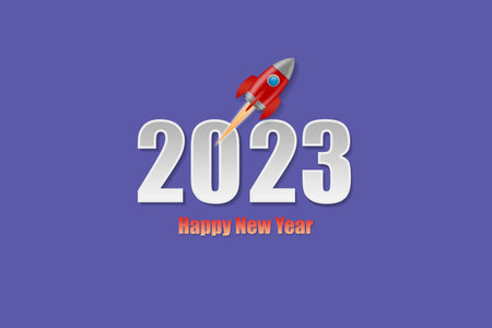 2023. Numbers and space rocket on a blue background. New Year concept.Business. Festive background.