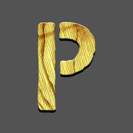 Letter P. Alphabet made of letters, made of wood. Isolated on grey background. Education. Designの写真素材