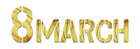 8 March. Word from wooden letters. Isolated on white background. Sign and symbols. Holidays. Design element. Background.の写真素材