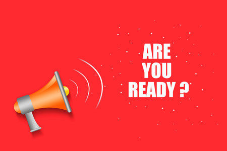 Are you ready Words and a megaphone on a bright red background. Lifestyle. Background.の写真素材