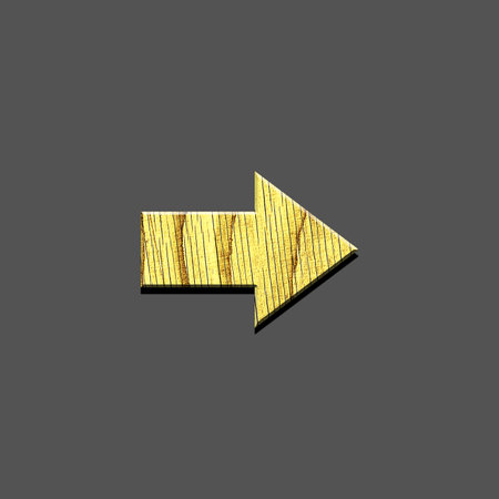 Right Arrow. Alphabet made of letters, made of wood. Isolated on grey background. Education. Design element.の写真素材