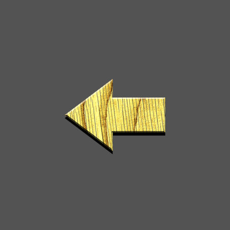 Left Arrow. Alphabet made of letters, made of wood. Isolated on grey background. Education. Design element.の写真素材