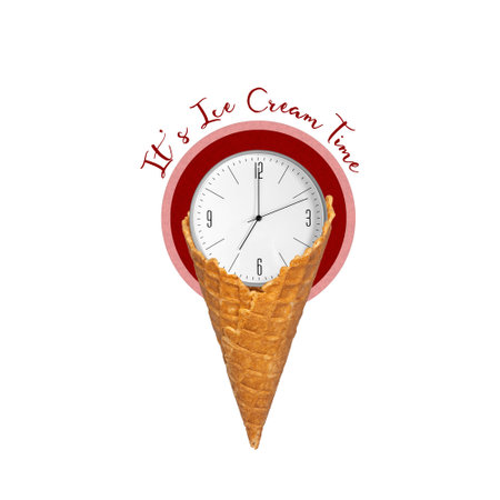 Ice cream in a waffle cone, with a clock, isolated on a white background. Ice cream time concept. Food. Dessert. Background.の写真素材