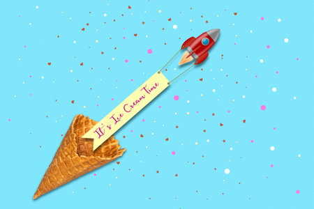 Waffle cone, and a rocket with a banner Ice cream time, on a blue background. Ice cream time concept. Food. Dessert.の写真素材