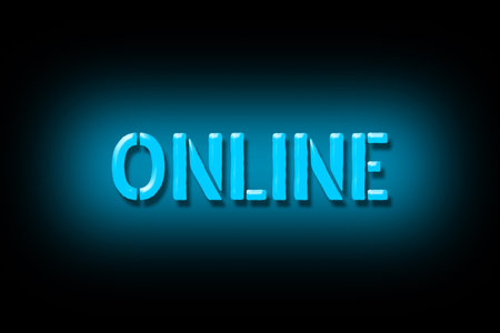 Online. Blue neon sign isolated on a black background. Business. Lifestyle. Design element.の写真素材