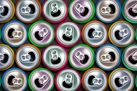 Aluminum cans. Top view. Recycling. Reuse Beverages Package Storageの写真素材