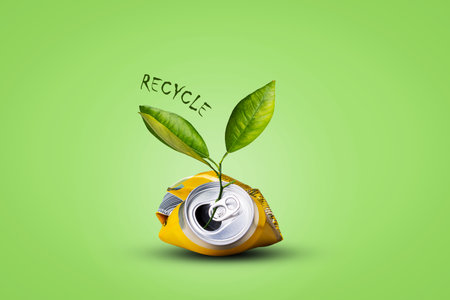 Crumpled aluminum can. Seedling grows from it on a green background. Recycling concept. Reuse. Ecology.の写真素材