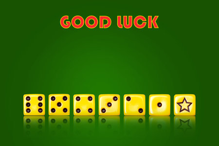Yellow playing dice, on a green background.Words, Good Luck. Copy space. Gambling, poker, board games Backgroundの写真素材