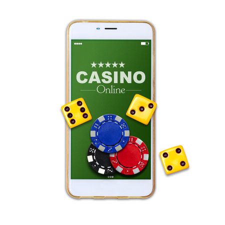 Playing cards, poker chips, and dice, on the smartphone screen. Isolated on a white background. Online casino concept. Gambling. Background.の写真素材