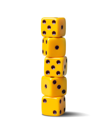 Yellow playing dice, isolated on white background. Gambling, poker, board games Backgroundの写真素材