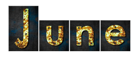 June. Words made from rusty iron letters. Isolated on white background. Months of the year concept. Design element.の写真素材