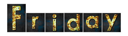 Friday.Words made from rusty iron letters. Isolated on white background. Days of the week concept.Design element.の写真素材