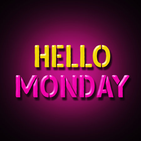 Hello Monday. Yellow pink neon sign on a red background. Business. Lifestyle. Design element. Backgroundの写真素材