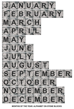 Month of the year, words on an alphabet on stone blocks, isolated on white background. Background.の写真素材