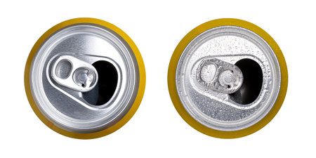 Aluminum can with drops and without, isolated on a white background. Top view. Beverages. Package.の写真素材
