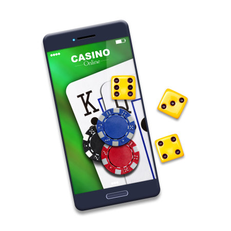 Playing cards, poker chips, and dice, on the smartphone screen. Isolated on a white background. Online casino concept. Gambling.の写真素材