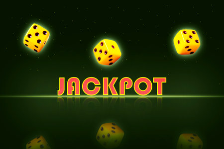 Jackpot, the word and dice, on a black background. Reflection. Casino concept. Gambling.の写真素材