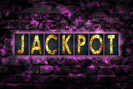Jackpot. Words made from rusty iron letters.On the vintage brick wall. Gambling, poker, Casino. Background.Designの写真素材