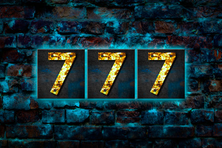 777. Digits made from rusty iron letters.On the vintage brick wall. Gambling, poker, Casino. Background.Designの写真素材