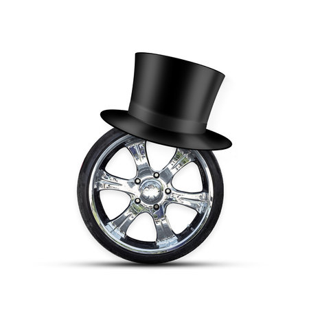 Happy Father's Day background. Car wheel, and hat cylinder, isolated on a white background. Holidays. Backgrounds.の写真素材