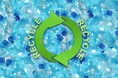 Lot Crumpled Plastic bottles.Recycle icon. Close-up. Recycling collection. Ecology Backgroundの写真素材