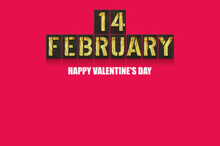 14 February. Happy Valentines Day. Words from the wooden alphabet, on a red background. Copy space. Holiday card. Festiveの写真素材