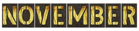 November. Word from wooden letters. Isolated on white background. Months of the year. Design element. Background.の写真素材