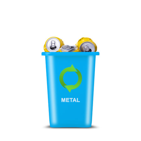 Blue trash can. With a recycling icon, and empty beers cans. Isolated on white background. Metal...