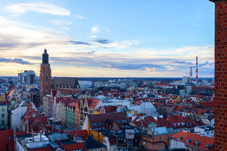 Beautiful, old architecture of the old town of Wroclaw, on a sunset. Aerial view. Wroclaw. Polandの写真素材